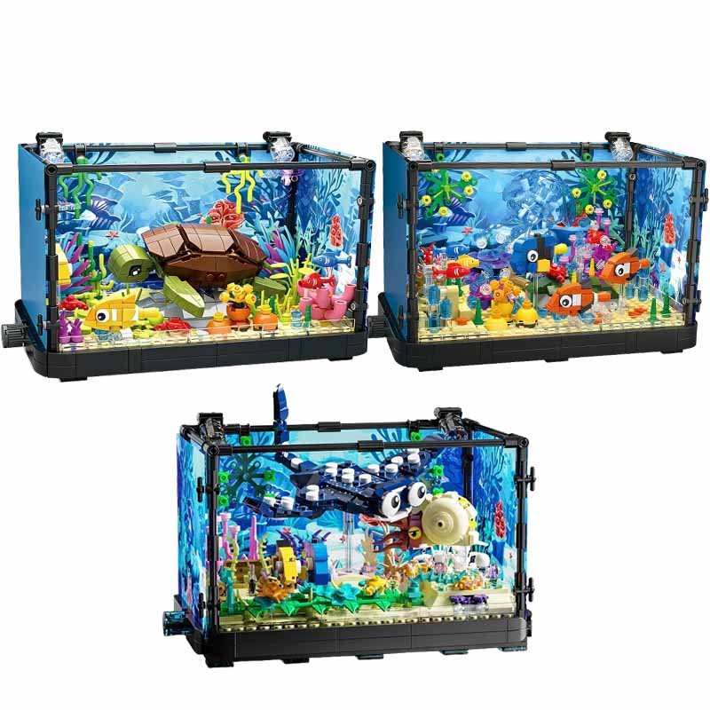 Marine Aquarium Cube - ライト付き水槽ビルディングブロックセット、水槽、海洋カメ、14歳以上の子供向けビルディングブロックおもちゃ、ギフト、家の装飾