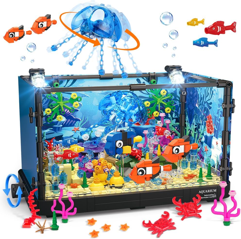 Marine Aquarium Cube - ライト付き水槽ブロックセット、水族館、海洋生物、サメエコタンク、6歳以上の子供向けブロックプレイセット、海愛好家へのギフト