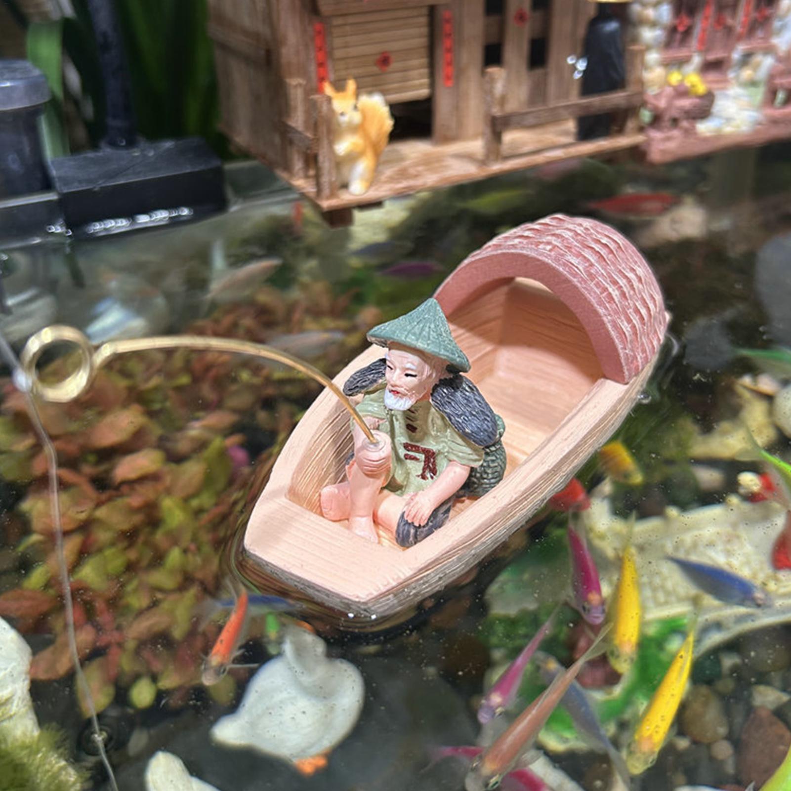 Marine Aquarium For Sale - 樹脂製フローティングフィッシャーマンボートオーナメントミニシーンデコレーション水槽ロックレイヤーレイアウトアクセサリー魚タンク池装飾用